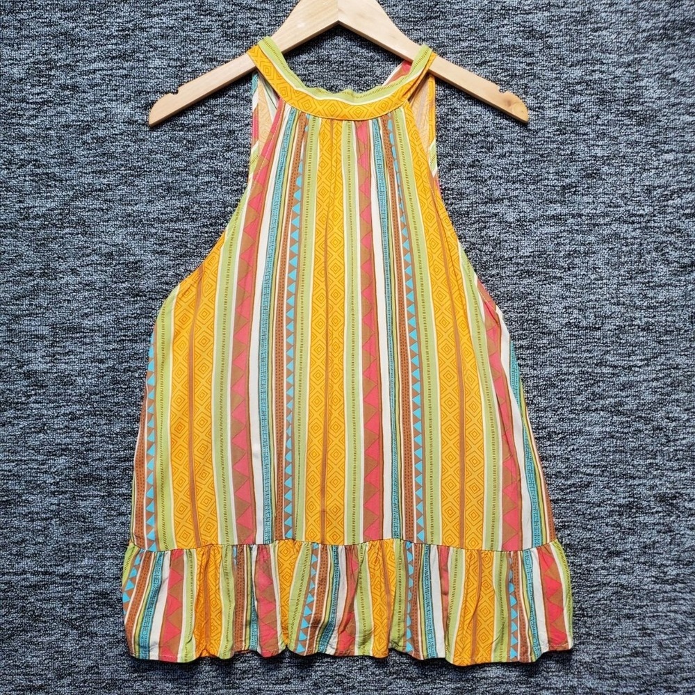 Savanna Jane Aztec Halter Swing Top Womens L Orange Ruffle Hem Boho Festival Top